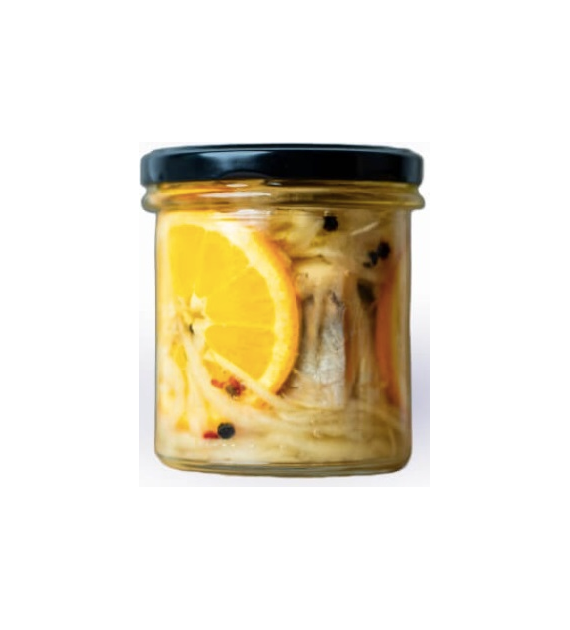 Śledź z pomarańczą i kolorowym pieprzem w marynacie cytrynowo- miodowej słoik 250g