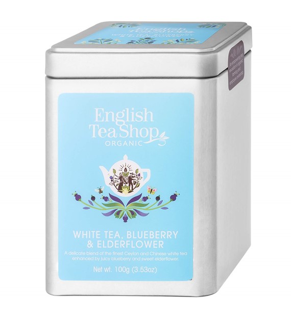 Herbata biała z trawą cytrynową, czarnym bzem i borówkami sypana, w puszce 100g BIO