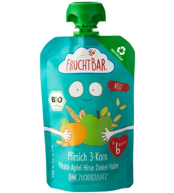 Mus brzoskwinia, jabłko, proso, orkisz, owies, powyżej 6 miesięcy (100% recyclable) BIO 100 g