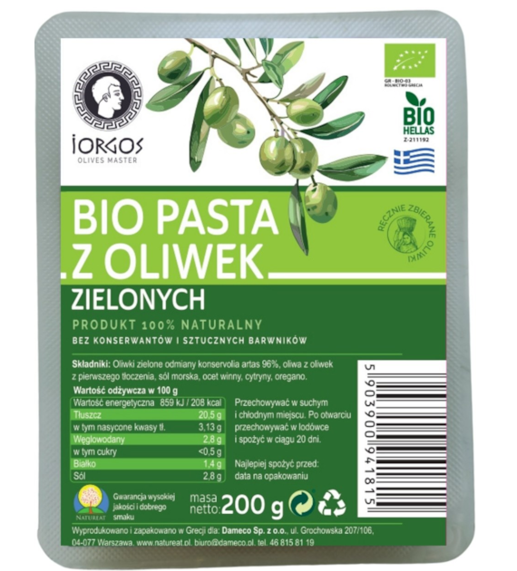 Pasta z oliwek zielonych BIO 200g