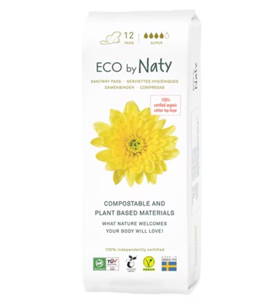 Ekologiczne podpaski ze skrzydełkami, kompostowalne, Super, 12 sztuk