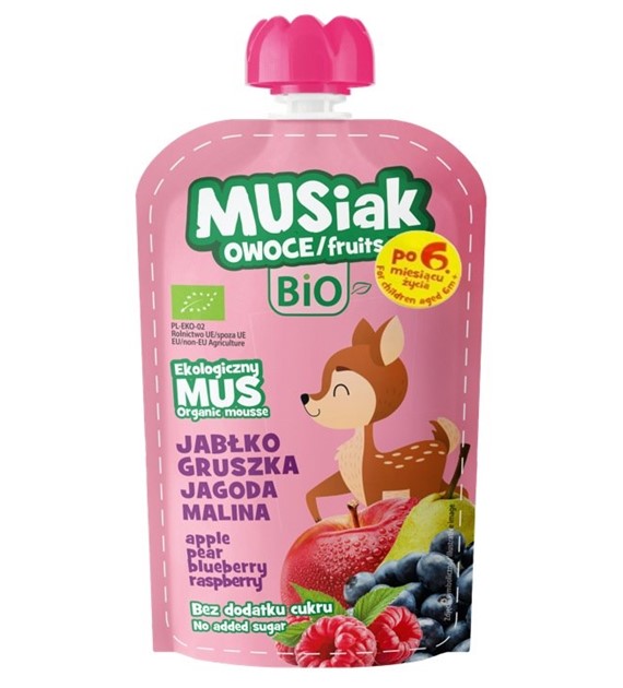 Mus owocowy jabłko - gruszka - czarna jagoda -malina BIO 120g