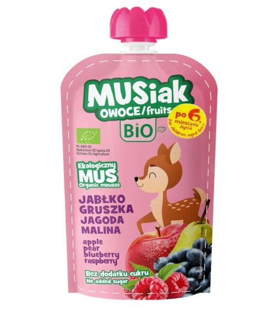 Mus owocowy jabłko - gruszka - czarna jagoda -malina BIO 120g