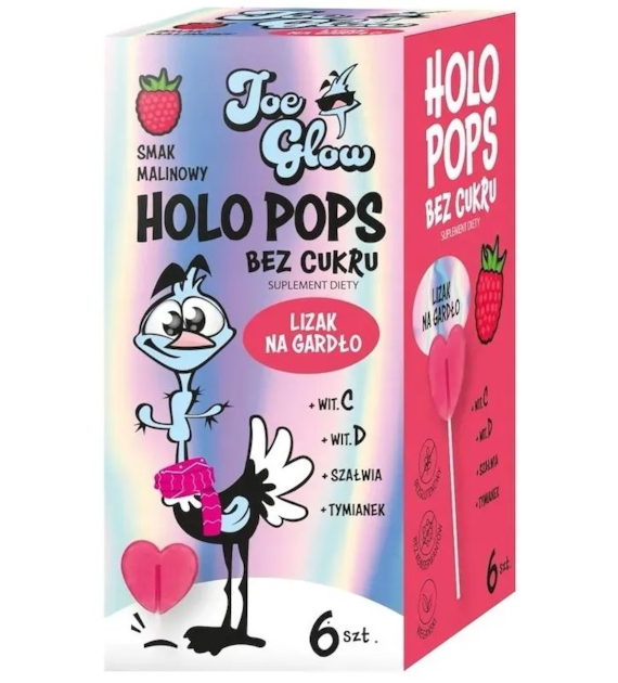 HOLOPOPS krystaliczny lizak bez cukru, o smaku malinowym z wit C i D (6szt )36g